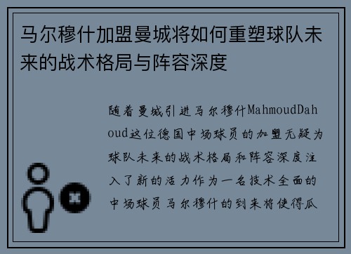 马尔穆什加盟曼城将如何重塑球队未来的战术格局与阵容深度