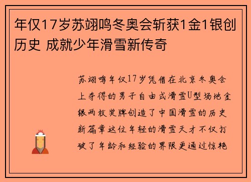 年仅17岁苏翊鸣冬奥会斩获1金1银创历史 成就少年滑雪新传奇
