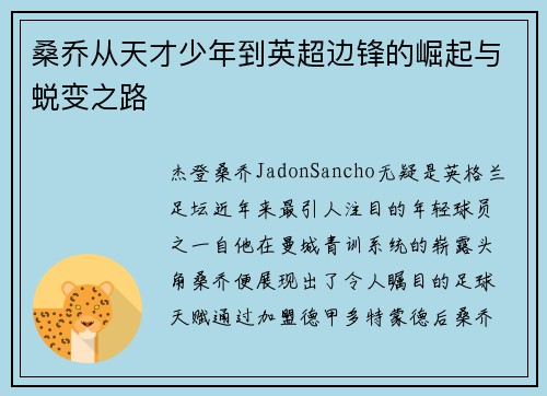 桑乔从天才少年到英超边锋的崛起与蜕变之路